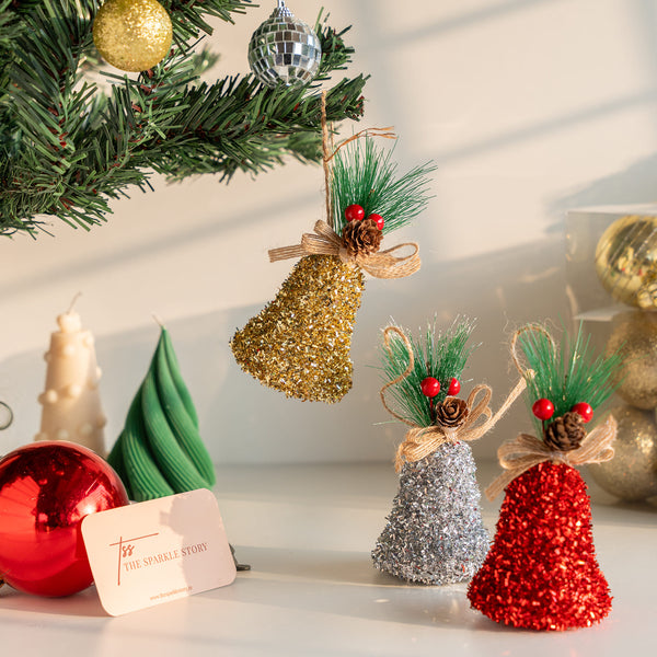 Glitter Ornament - Jingle Bell - Set Of 3