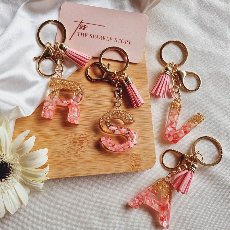 Glitter Initial Resin Keychain with Tassel - Pink and Gold – Shop