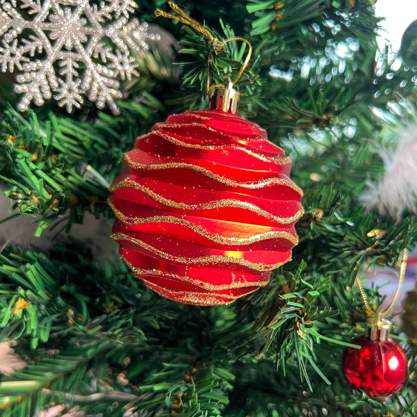 Red & Gold Glitter Swirl Bauble - Set Of 6